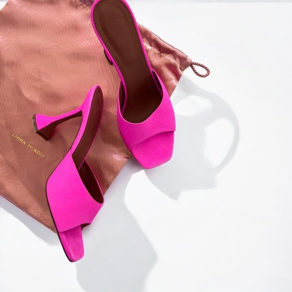 AMINA MUADDI Lupita Suede Slipper Mule in Fluo Pink - Picture 1 of 12